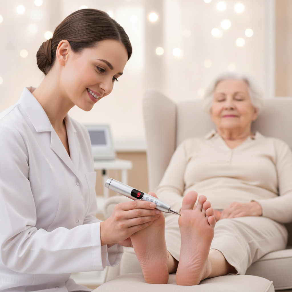NeuraTouch clinician applying pen to foot for nerve relief