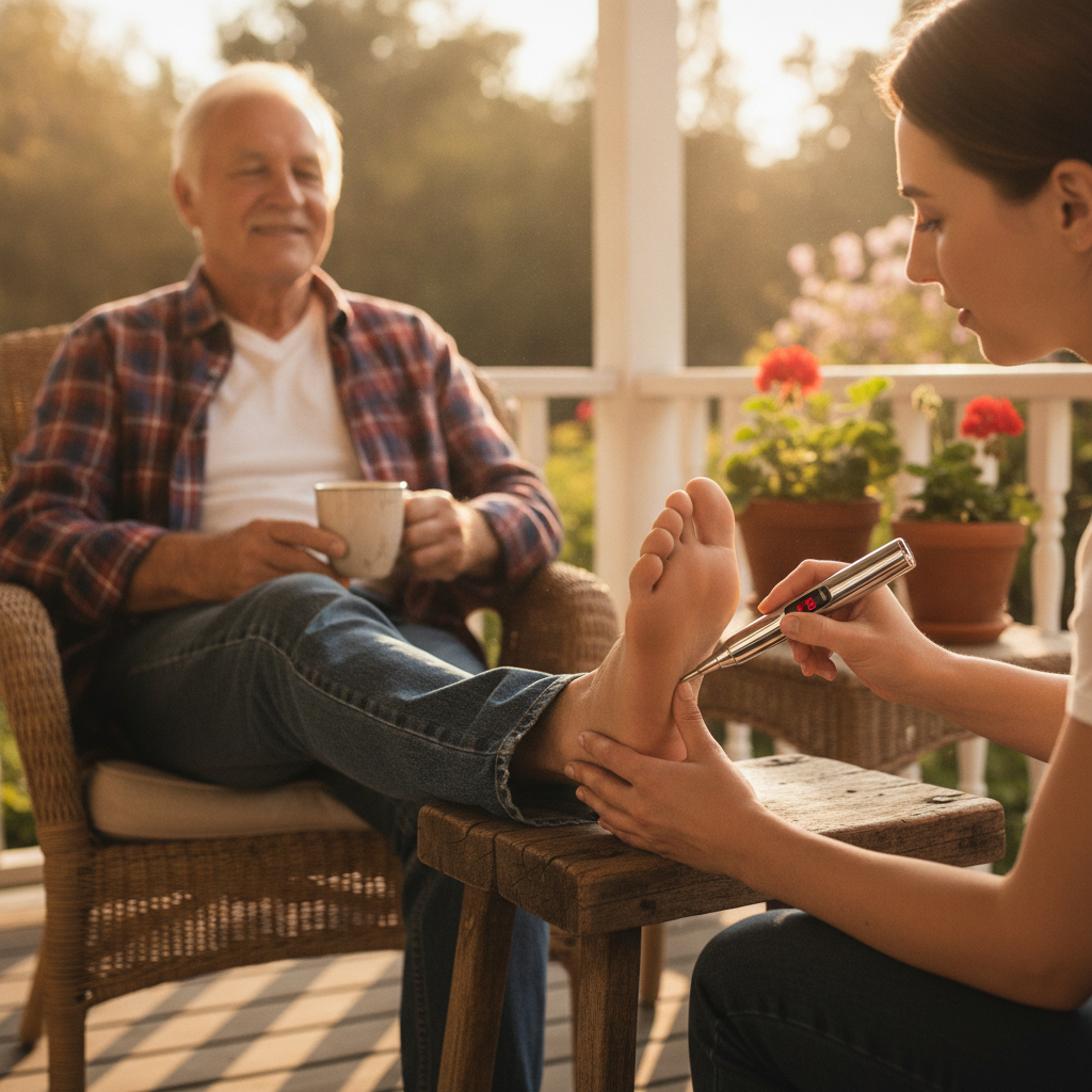 NeuraTouch clinician applying pen to foot for nerve relief
