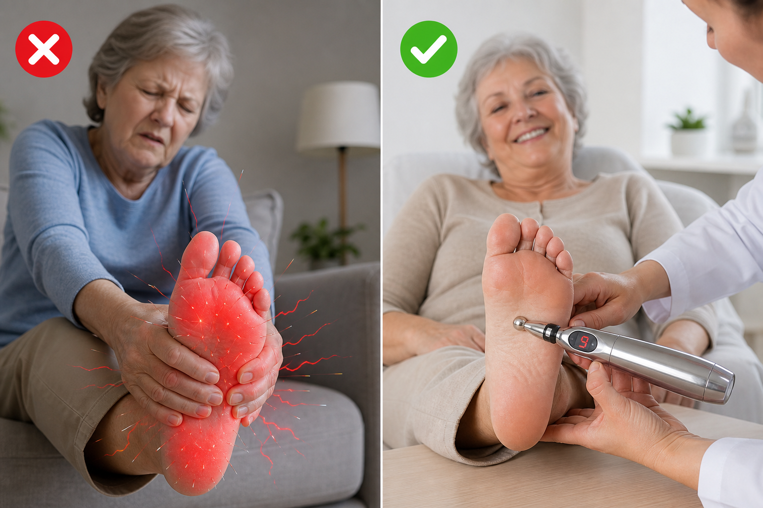 Before and after: burning feet calmed with NeuraTouch nerve relief pen