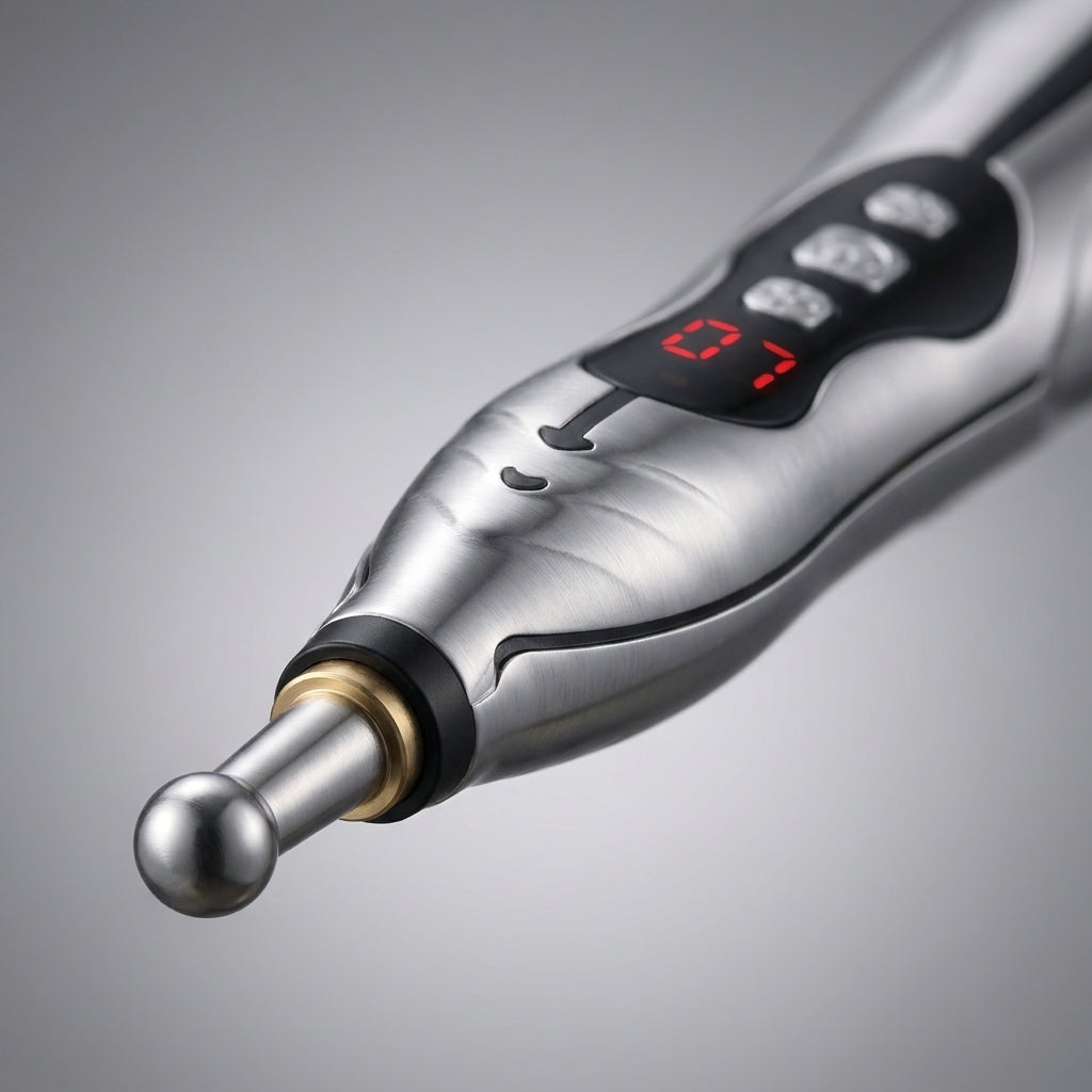 Tinnito Pen detail close-up — metal ball tip, brass collar, and control panel (1:1 square)
