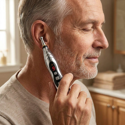 Tinnito Pen in use — gentle application on skin behind the ear, not in the canal (1:1 square)