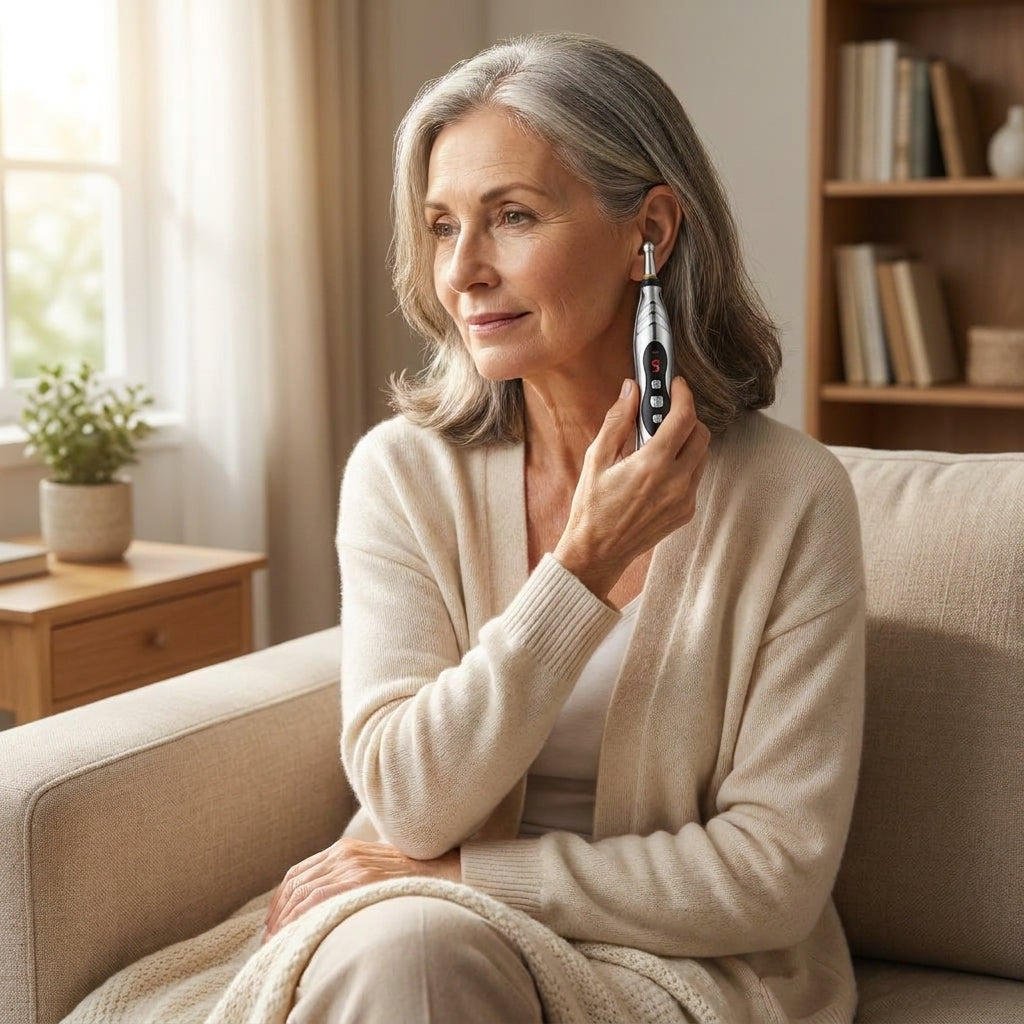 Tinnito Pen at home — senior adult using device behind the ear during a calm daily routine (1:1 square)