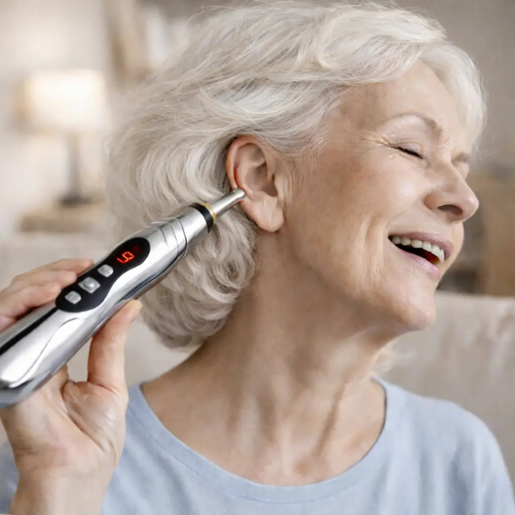 Woman using Tinnito wellness pen near the outer ear