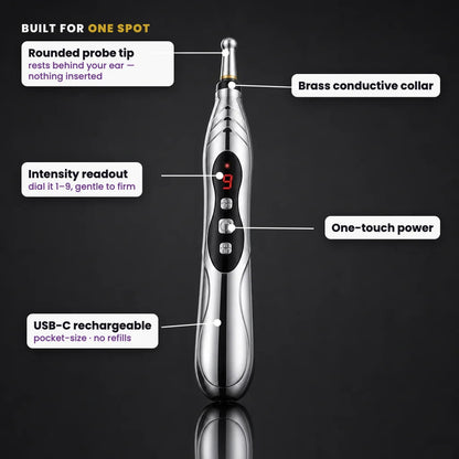 Annotated product: probe tip, brass collar, readout, power, USB-C