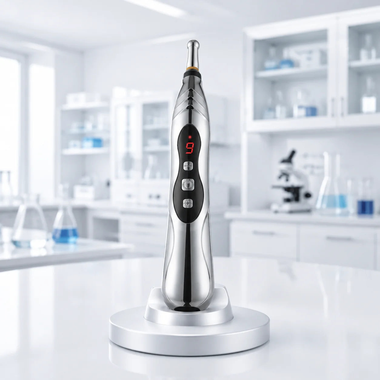 The Tinnito pen on its stand, in a clinical lab